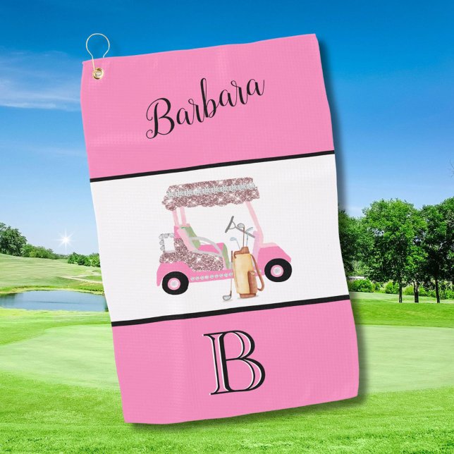 Fun Glitzy Golf Cart Monogram Name Golf Towel (Creator Uploaded)