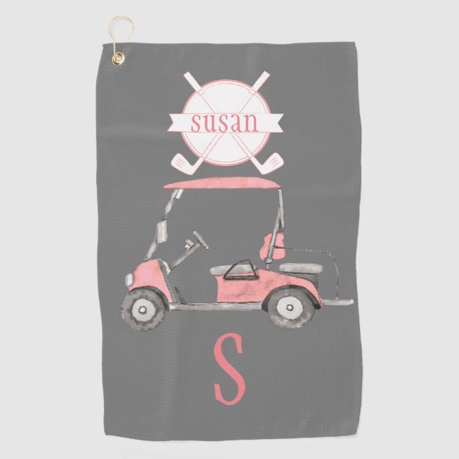Fun Glitzy Golf Cart Monogram Name  Golf Towel (Front)