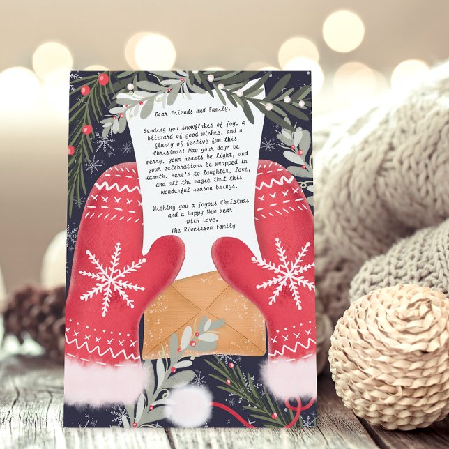 Fun gloves illustration  Christmas family 3 photos Holiday Card (Fun gloves illustration Christmas family 3 photos Holiday Card on blue)