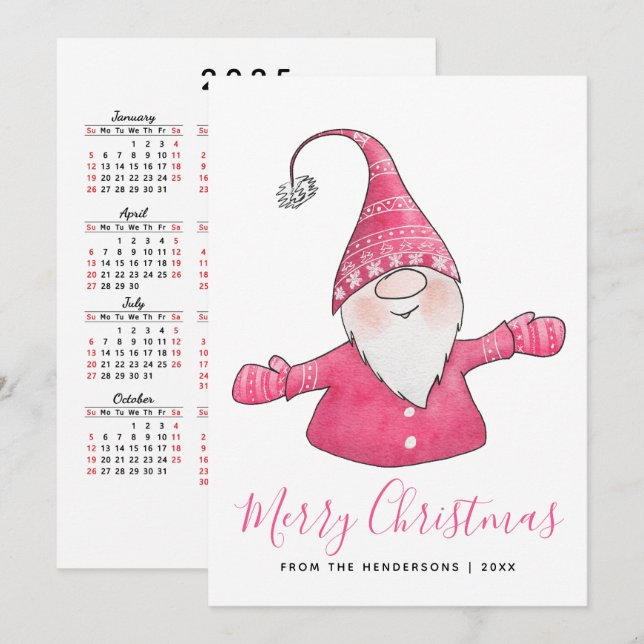 Fun Gnome 2025 Calendar White Pink Merry Christmas Holiday Card (Front/Back)