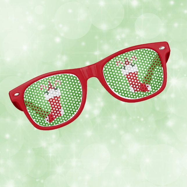 Fun Gnome in Red Christmas Stocking Green Swirled Retro Sunglasses (Cute gnome with candy canes in red Christmas stocking on green retro party glasses.)
