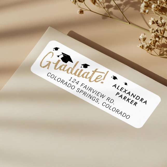 Fun, Gold & Black Flying Grad Caps Graduation (Fun, Gold & Black Flying Grad Caps Graduation Label)