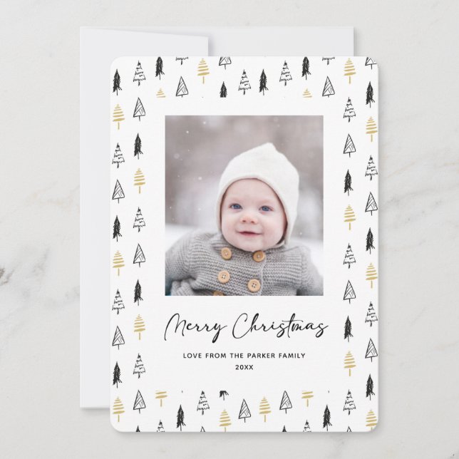 Fun Gold Black Pine Tree Minimalist Christmas Holiday Card (Front)