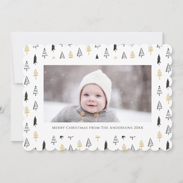Fun Gold Black Pine Tree Minimalist Christmas Holiday Card (Front)