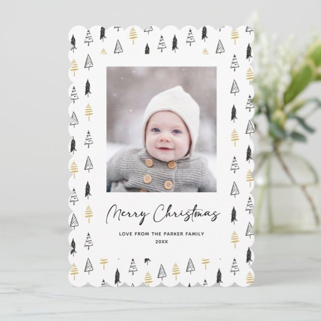Fun Gold Black Pine Tree Minimalist Christmas Holiday Card (Creator Uploaded)