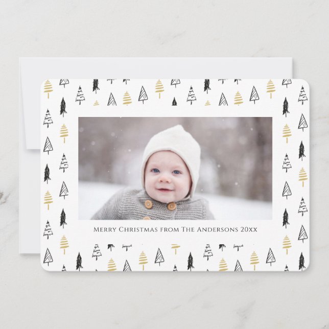 Fun Gold Black Pine Tree Minimalist Christmas Holiday Card (Front)