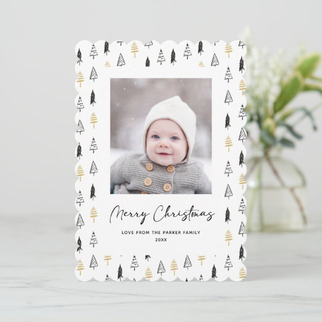 Fun Gold Black Pine Tree Minimalist Christmas Holiday Card (Standing Front)
