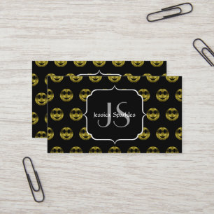 Fun gold black smileys polka dots pattern Monogram Business Card