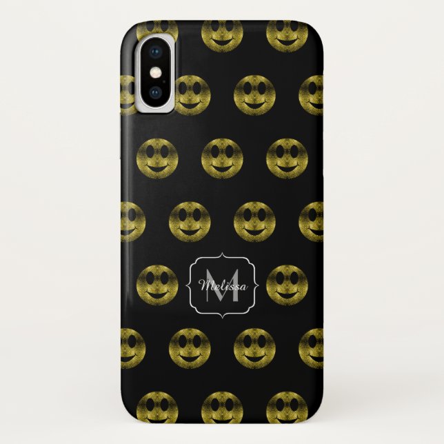 Fun gold black smileys polka dots pattern Monogram Case-Mate iPhone Case (Back)