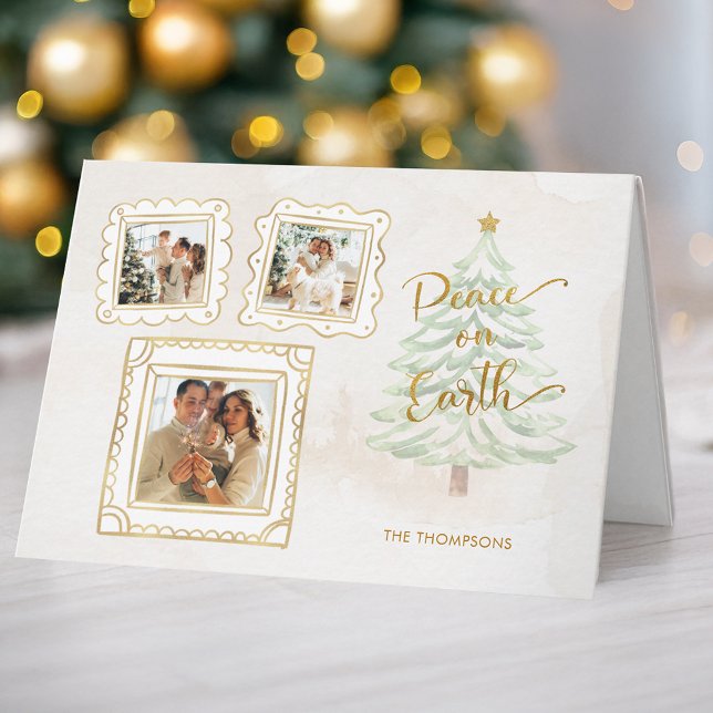 Fun Gold Doodle Frame Peace on Earth 3-Photo Holiday Card (Creator Uploaded)