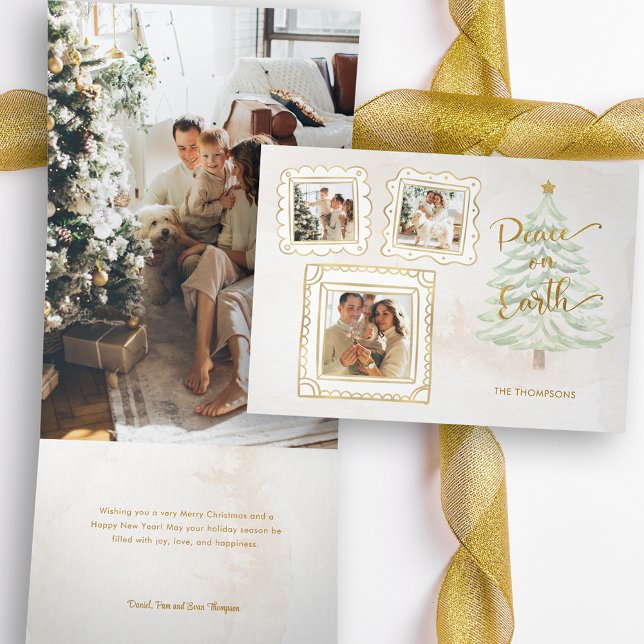 Fun Gold Doodle Frame Peace on Earth 3-Photo Tri-Fold Holiday Card (Creator Uploaded)