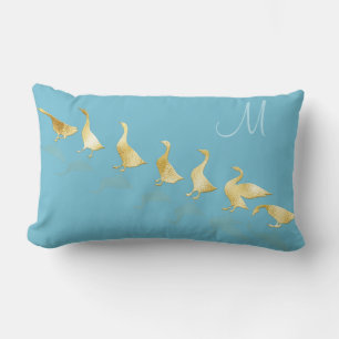 Fun Gold Foil Geese Blue Monogram Throw Pillow