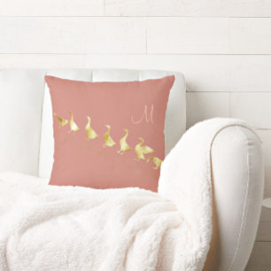 Fun Gold Foil Geese Rose Gold Initial Throw Pillow