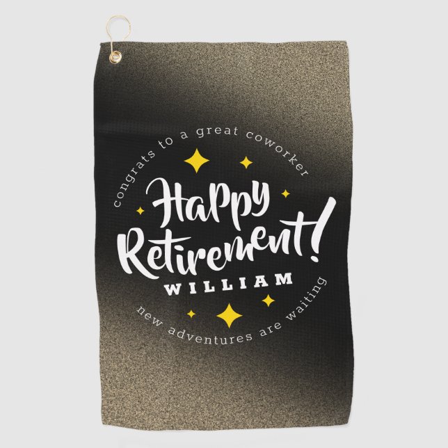 Fun Gold Glitter Stars Retirement New Adventures Golf Towel (Front)
