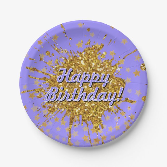 Fun gold pink sparkle glitter graffiti paint stars paper plate (Front)