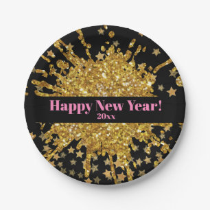 Fun gold pink sparkle glitter graffiti paint stars paper plate