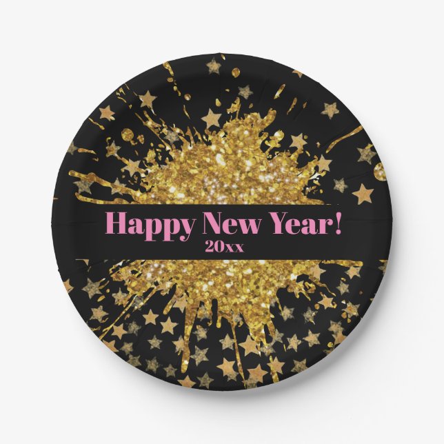 Fun gold pink sparkle glitter graffiti paint stars paper plate (Front)