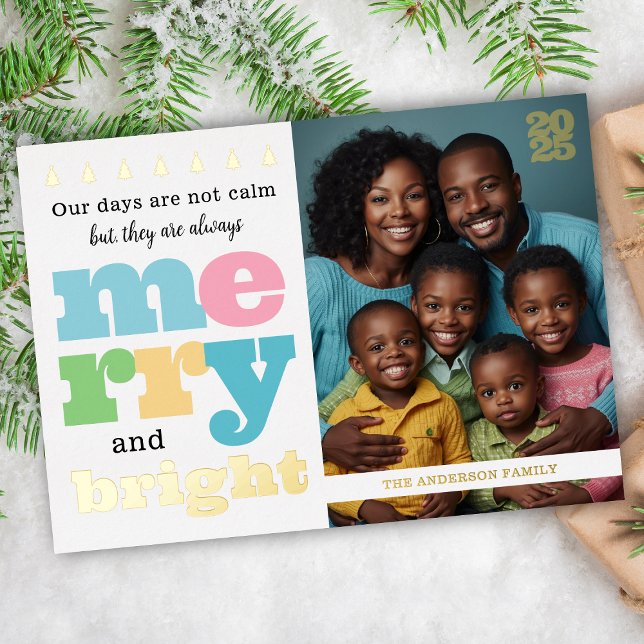 Fun Gold Retro Flat Merry and Bright Large Family (modern retro merry and bright 1 photo christmas card with gold foil shown on a holiday table)