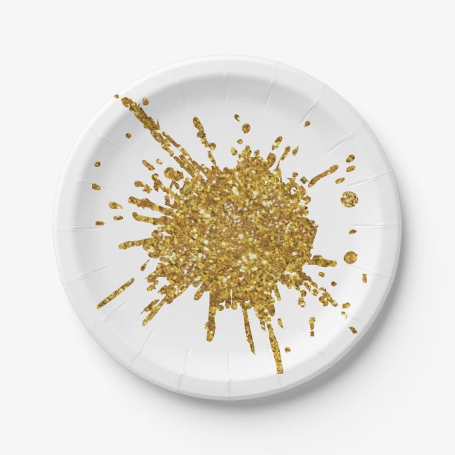 Fun gold sparkle glitter graffiti paint drip   paper plate (Front)