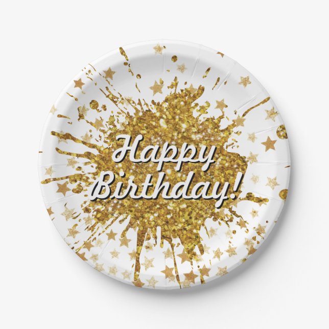 Fun gold sparkle glitter graffiti paint drip stars paper plate (Front)
