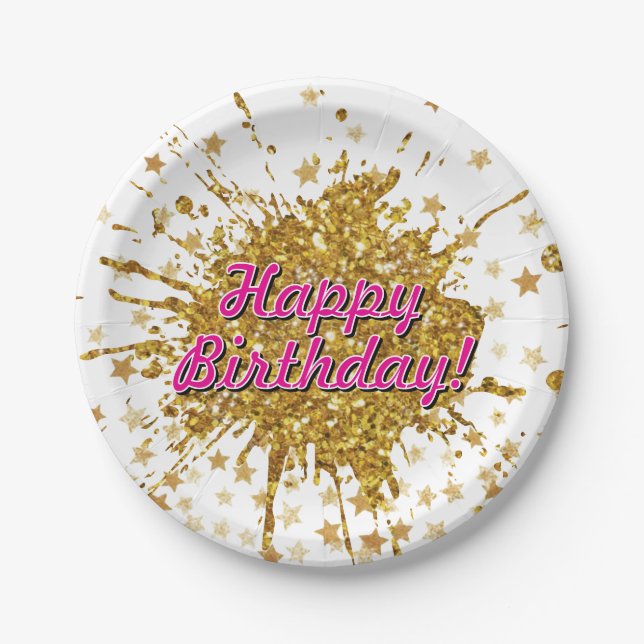 Fun gold sparkle glitter graffiti paint drip stars paper plate (Front)
