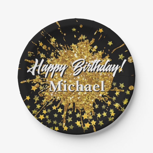 Fun gold sparkle glitter graffiti paint drip stars paper plate (Front)