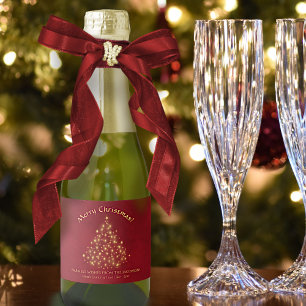 Fun Gold Stars Christmas Tree on Red Mini Holiday Sparkling Wine Label