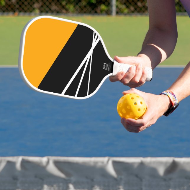Fun Golden Yellow Black White Stripes Colour Block Pickleball Paddle (Insitu)