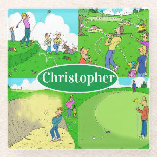 Fun Golf Cartoons with Your Name Choice. Glass Coaster