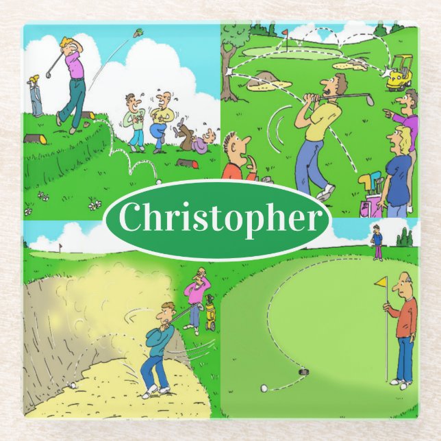 Fun Golf Cartoons with Your Name Choice. Glass Coaster (Front)