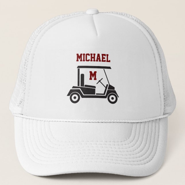 Fun Golf Guy Cart Monogram Name Trucker Hat (Front)