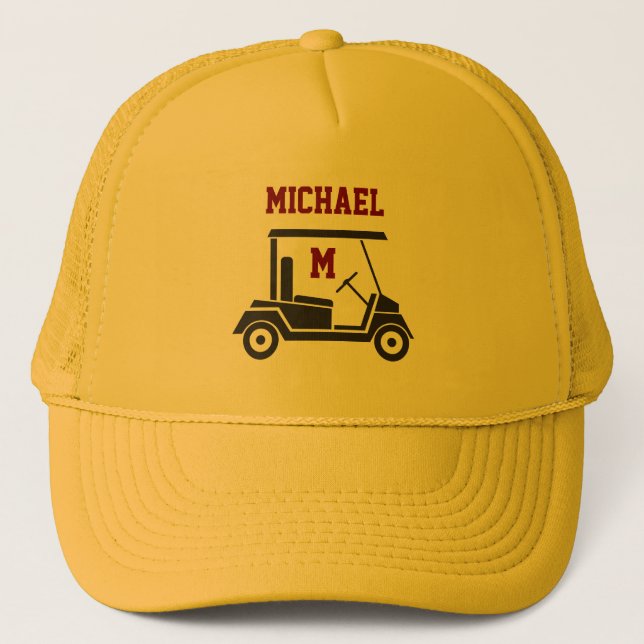 Fun Golf Guy Cart Monogram Name Trucker Hat (Front)