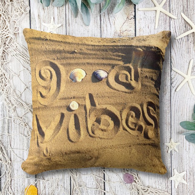 Fun Good Vibes Quote Beach Sand Shells Photo Bold Cushion (Creator Uploaded)