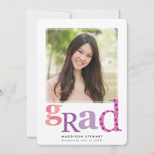 FUN GRAD chic photo modern typography pink purple Invitation (Front)