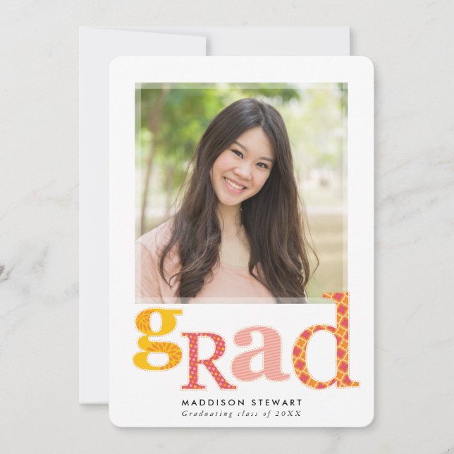 FUN GRAD chic photo modern typography pink yellow Invitation (Front)
