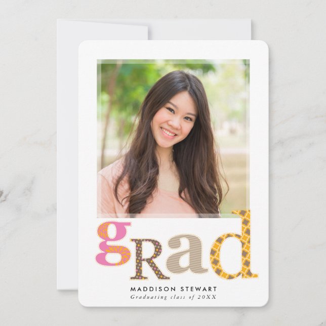 FUN GRAD chic photo retro typography pink brown Invitation (Front)