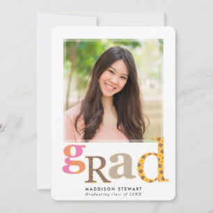 FUN GRAD chic photo retro typography pink brown Invitation