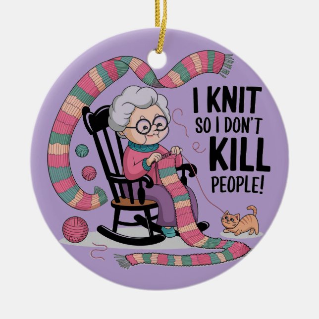Fun Grandma Knitting Design Ceramic Tree Decoration (Front)