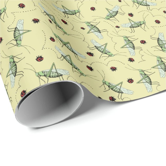 Fun Grasshopper Bug Bonanza Yellow, Green & Red Wrapping Paper (Roll Corner)