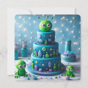 FUN GREEN ALIEN AND SPACE THEMED KIDS BIRTHDAY  CARD