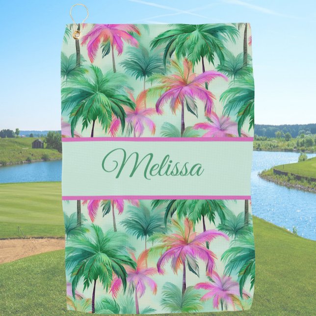 Fun green and pink ladies tropical palm tree golf towel (Creator Uploaded)