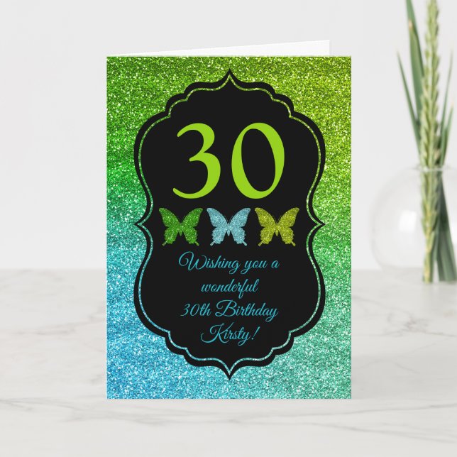 Fun Green Blue Glitter Sparkle Birthday Card (Front)