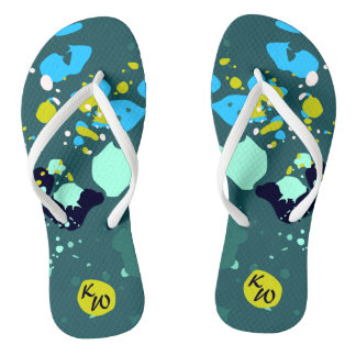 Fun Green Colourful Paint Splatter & Initials  Flip Flops
