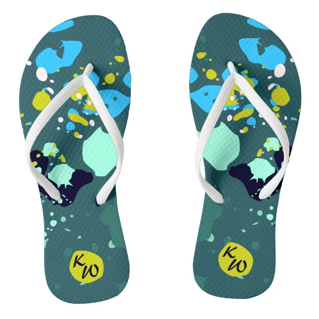 Fun Green Colourful Paint Splatter & Initials  Flip Flops (Footbed)
