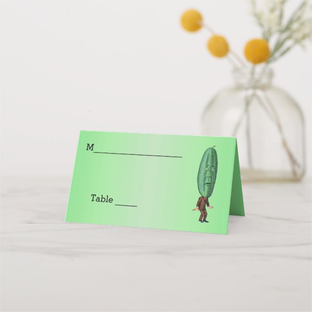 Fun Green Pickle Head Man in Brown Suit on Green Place Card (Front)