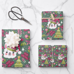Fun Green Pink Christmas Llama Wrapping Paper Sheet
