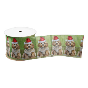 Fun Green Plaid Cockapoo Santa Dog Christmas Satin Ribbon
