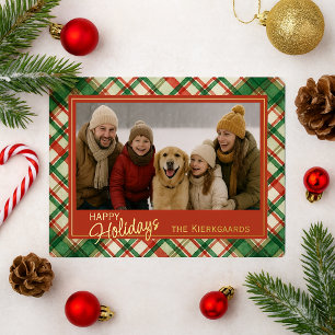 Fun Green Red Plaid Watercolor Pattern And Gold Foil Holiday Card