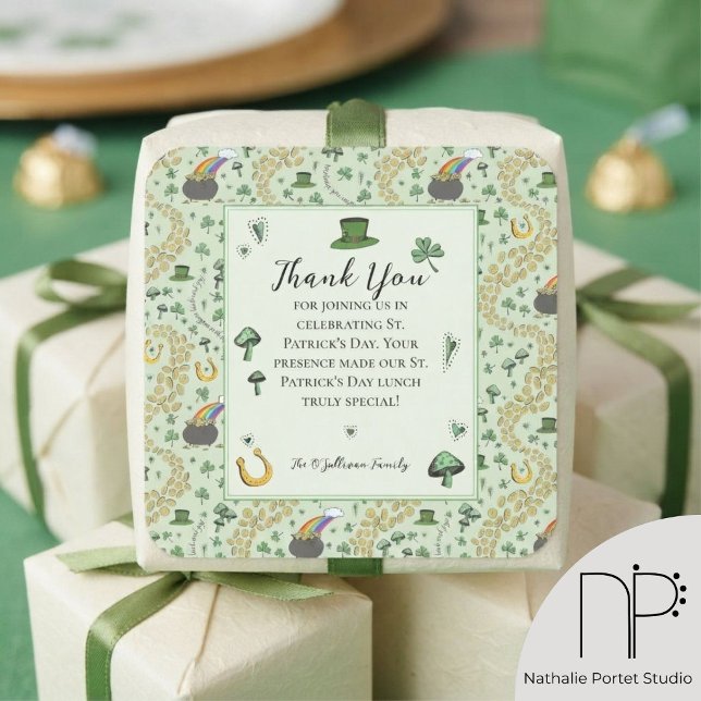 Fun Green St Patricks Irish Blessings Thank You Square Sticker (hand-drawn pattern of leprechaun hats, shamrocks, pots of gold, rainbows, horseshoes for St Patricks)