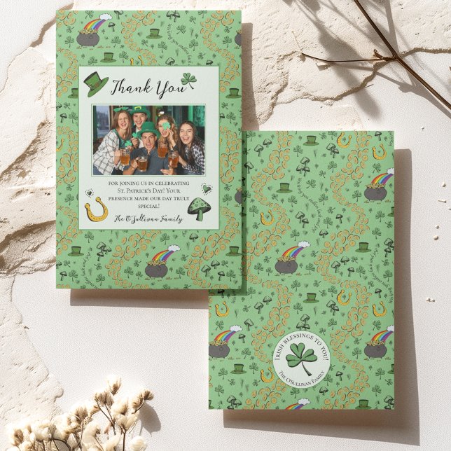 Fun Green St Patricks Irish Thank You Card (St Patricks Day Custom Photo, Thank You Message and Name with Irish Blessing on Back of the Card. 
)